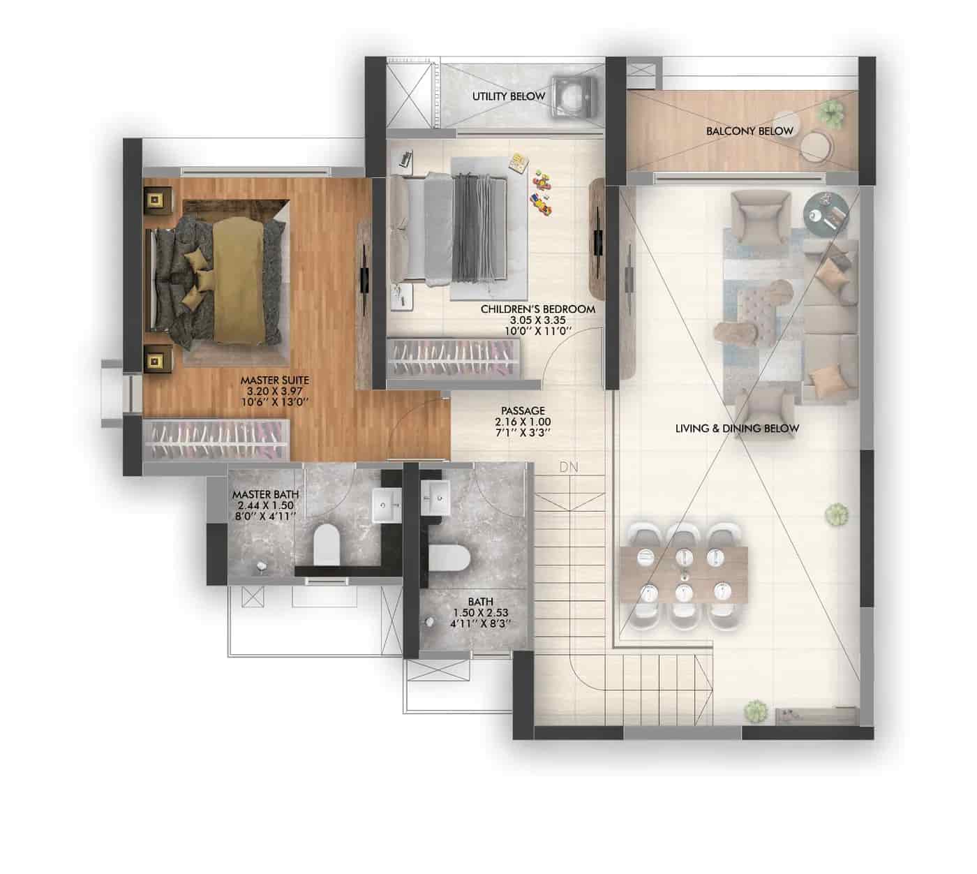 3 BHK Duplex floor plan — Gera's Joy on the Treetops