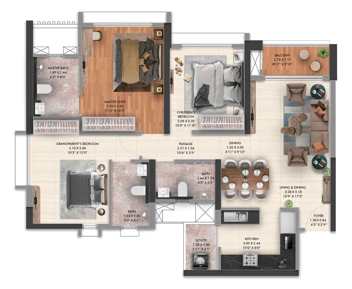 3 BHK floor plan — Gera's Joy on the Treetops